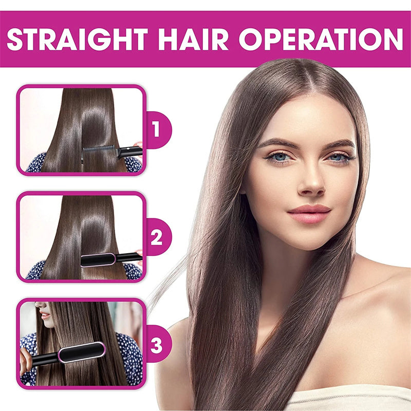 2 in 1 hair straightener and curler showing step by step straight hair operation with smooth, shiny hair
