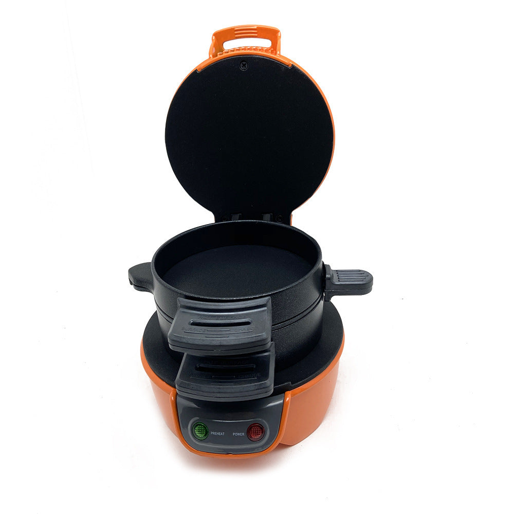 Nutritea 3 in 1 sandwich and burger machine with orange body and nonstick cooking plates open