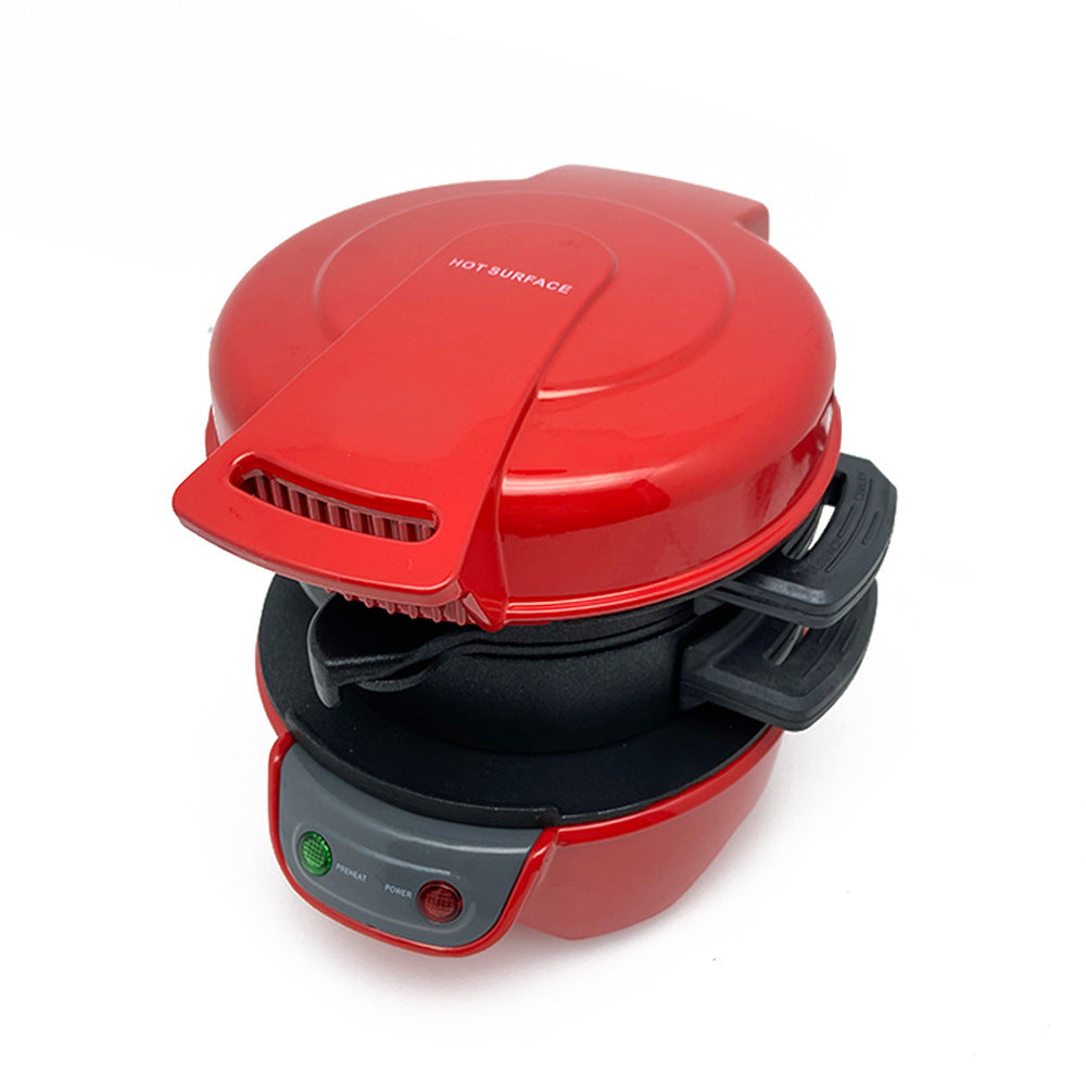 Nutritea 3 in 1 sandwich and burger machine in red with black handles and indicator lights