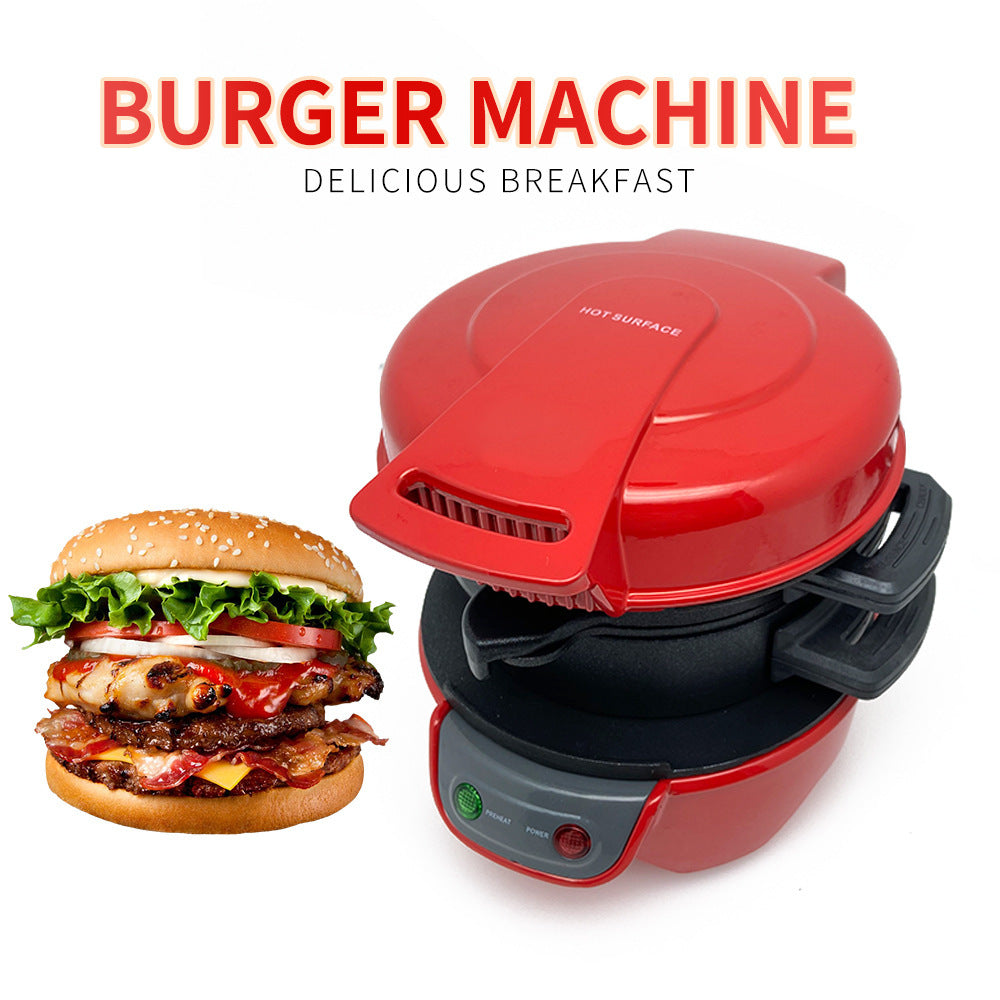 Nutritea 3 in 1 sandwich and burger machine red cooker with burger beside it for delicious breakfast