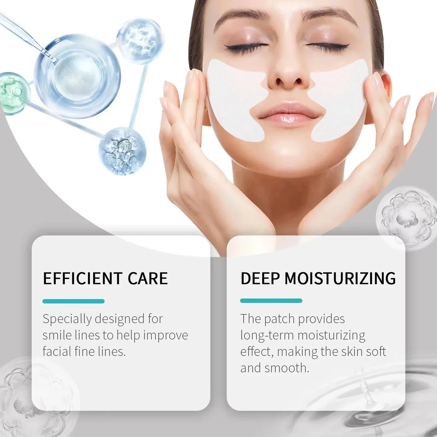 Woman with deep nourishing facial wrinkle patches applied on cheeks for moisturizing and wrinkle care