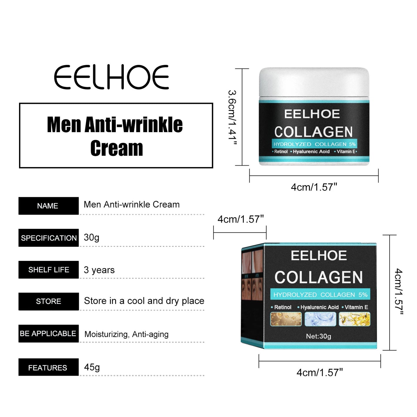 EELHOE collagen cream for men anti-wrinkle moisturizing and anti-aging face cream jar and box with product specifications