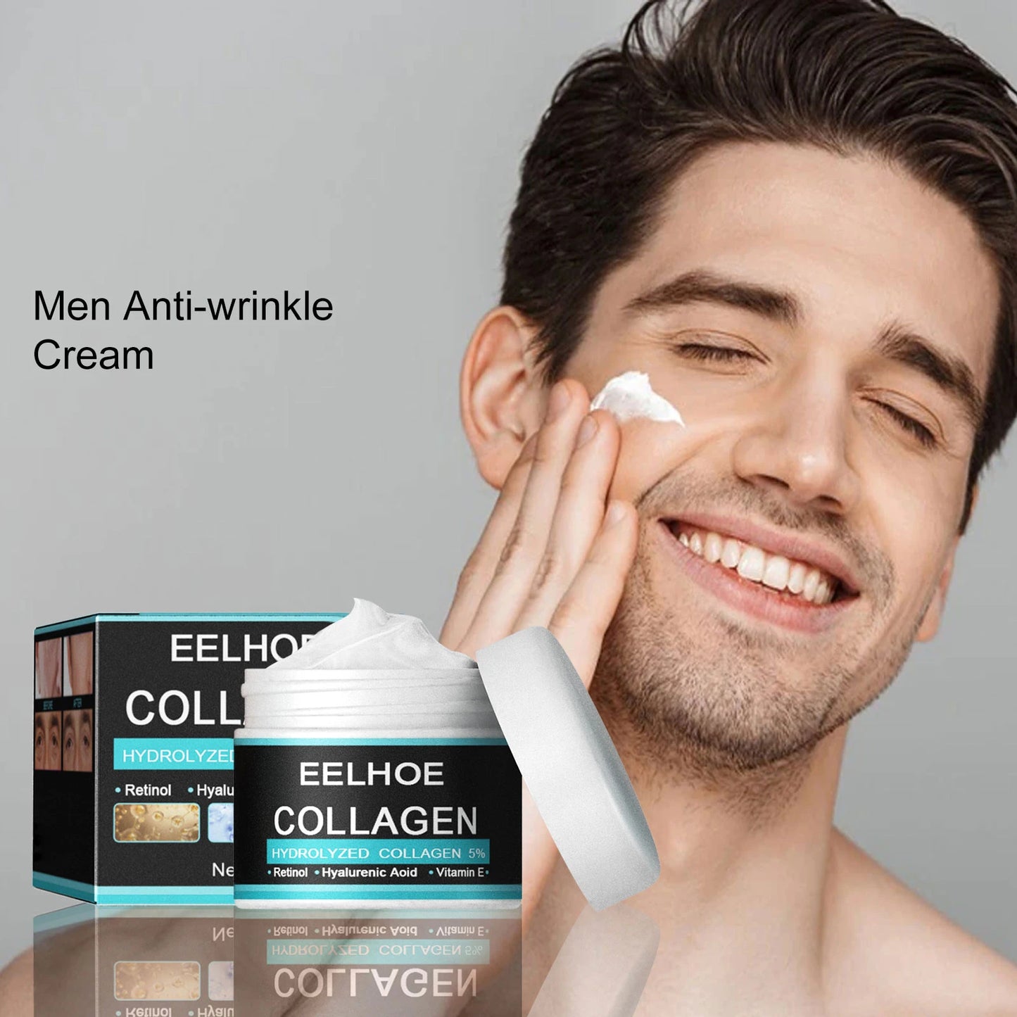 Sheluxe collagen cream for men in open jar with smiling man applying anti-wrinkle cream