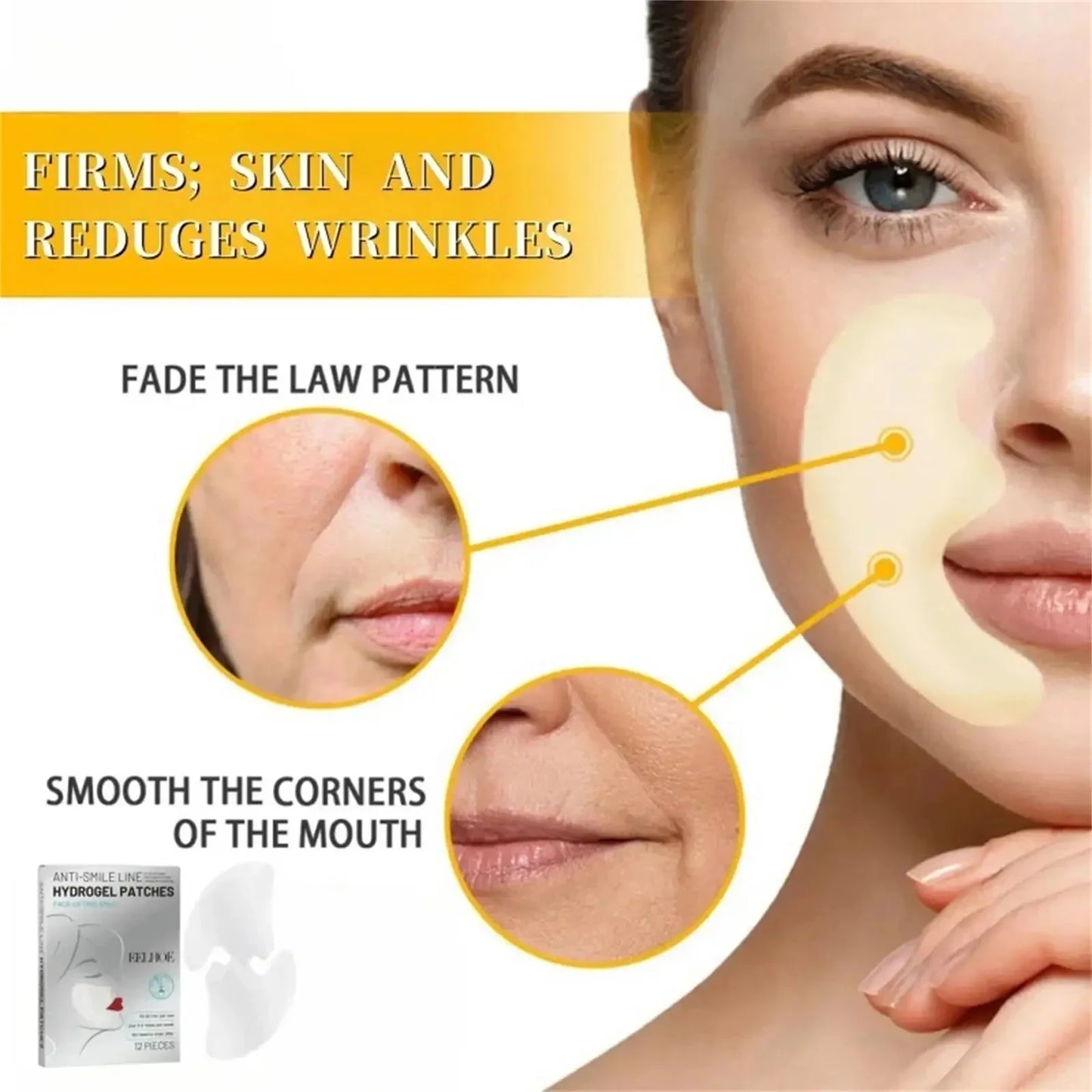 Woman applying Sheluxe deep nourishing facial wrinkle patches to smooth mouth corners and reduce wrinkles