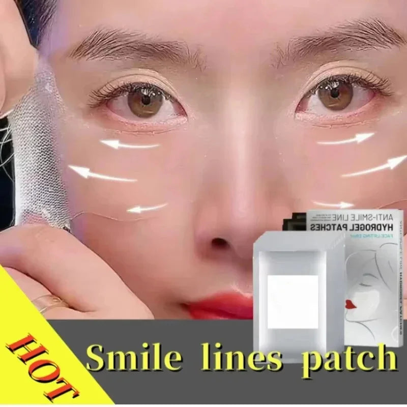 Sheluxe deep nourishing facial wrinkle patches applied under eyes to reduce smile lines and wrinkles
