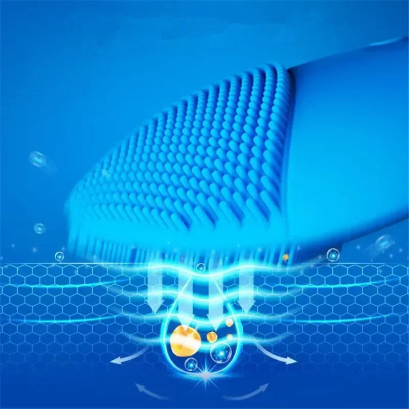 Close-up of Sheluxe silicone facial cleansing brush for sensitive skin with soft bristles and deep cleaning action