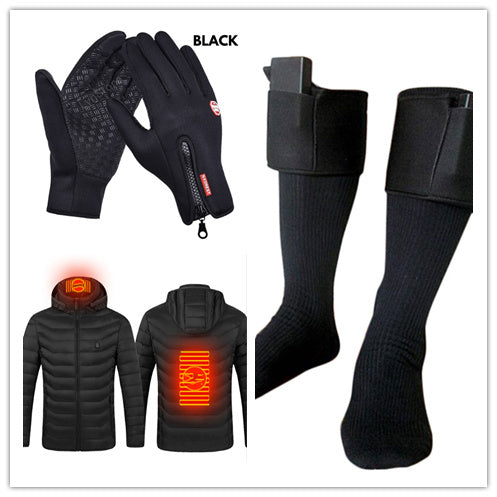 Sheluxe black warm sports gloves for men and women with heated jacket and thermal socks set
