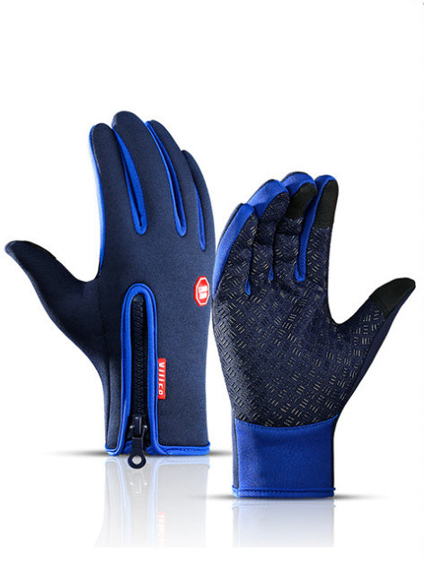 Sheluxe warm sports gloves for men and women in blue with zipper and textured grip palm