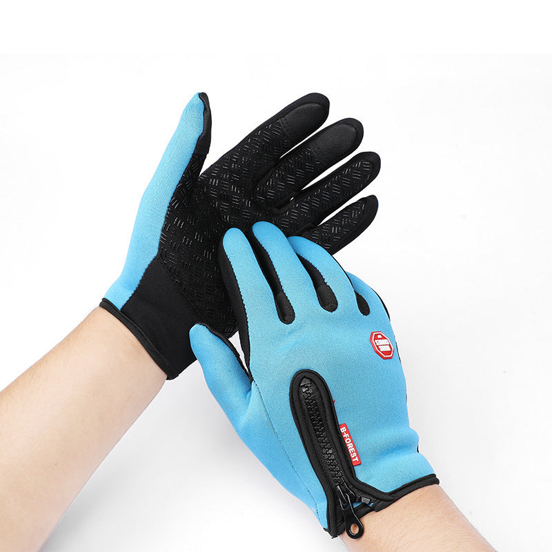 Sheluxe warm sports gloves for men and women in blue with black grip and zipper detail