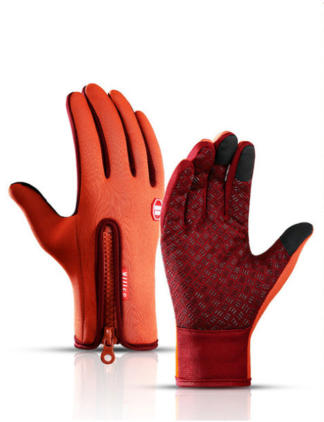 Sheluxe warm sports gloves for men and women in red with textured grip and zipper closure