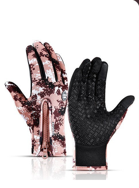 Sheluxe warm sports gloves for men and women with pink camo design and zipper closure