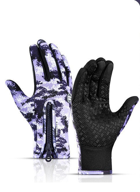 Sheluxe warm sports gloves for men and women in purple camo with zipper and non-slip grip