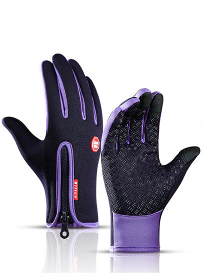 Sheluxe warm sports gloves for men and women in black and purple with zipper and textured grip