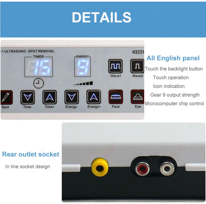 High frequency skin tightening machine control panel with English backlight buttons and rear outlet socket connections