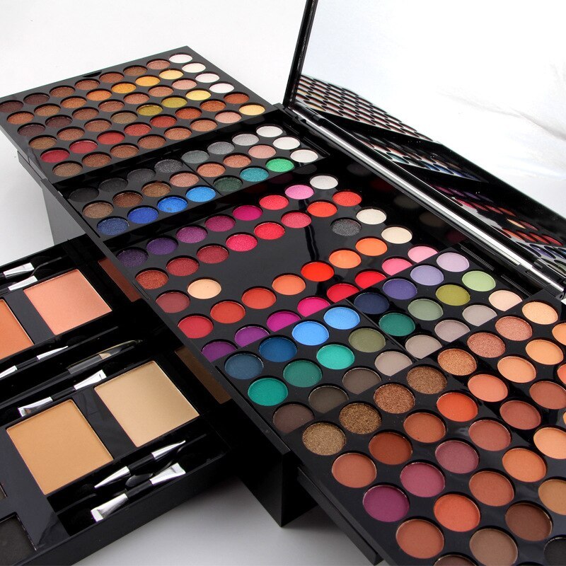 Sheluxe 180 color eyeshadow palette with blush featuring a variety of vibrant and neutral shades with applicators