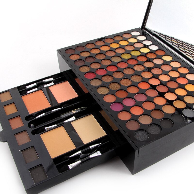 Sheluxe 180 color eyeshadow palette with blush featuring a variety of warm and neutral shades in a black case