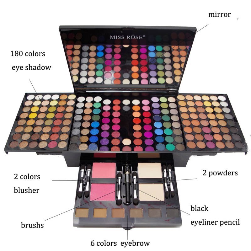Sheluxe 180 color eyeshadow palette with blush includes mirror, eyeliners, eyebrow colors, and brushes