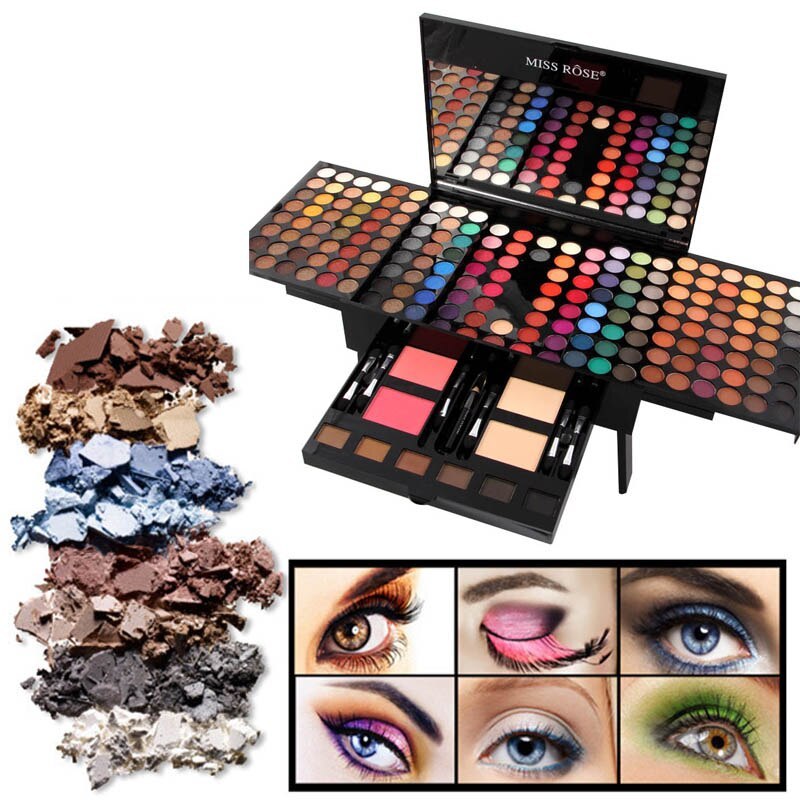 Sheluxe 180 color eyeshadow palette with blush featuring vibrant shades and eye makeup examples