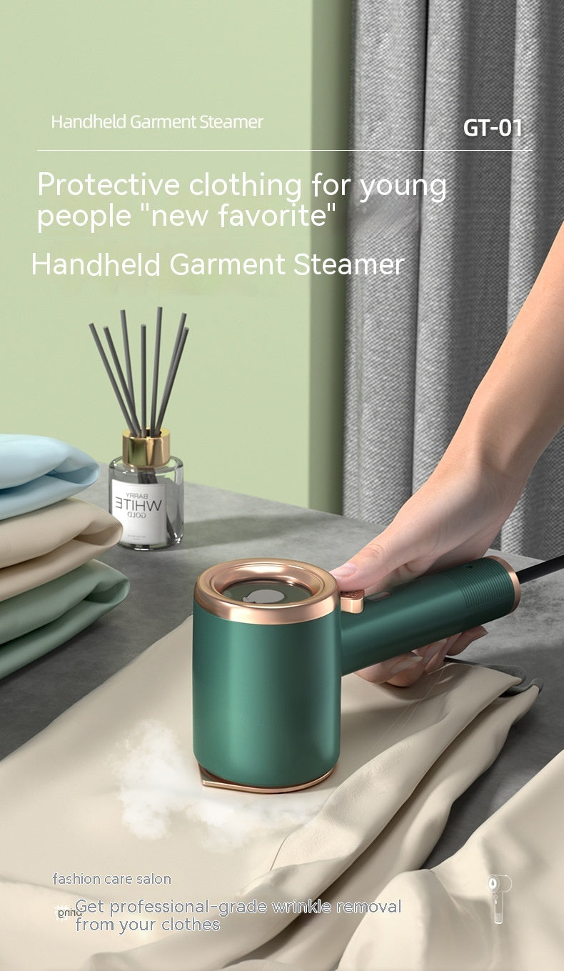 Nutritea portable garment steamer for travel in green and gold handheld design steaming beige fabric