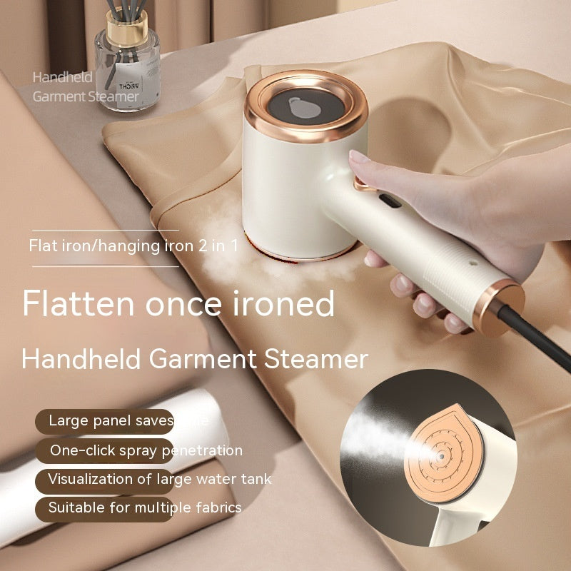 Nutritea portable garment steamer for travel in white and gold being used on fabric with spray function