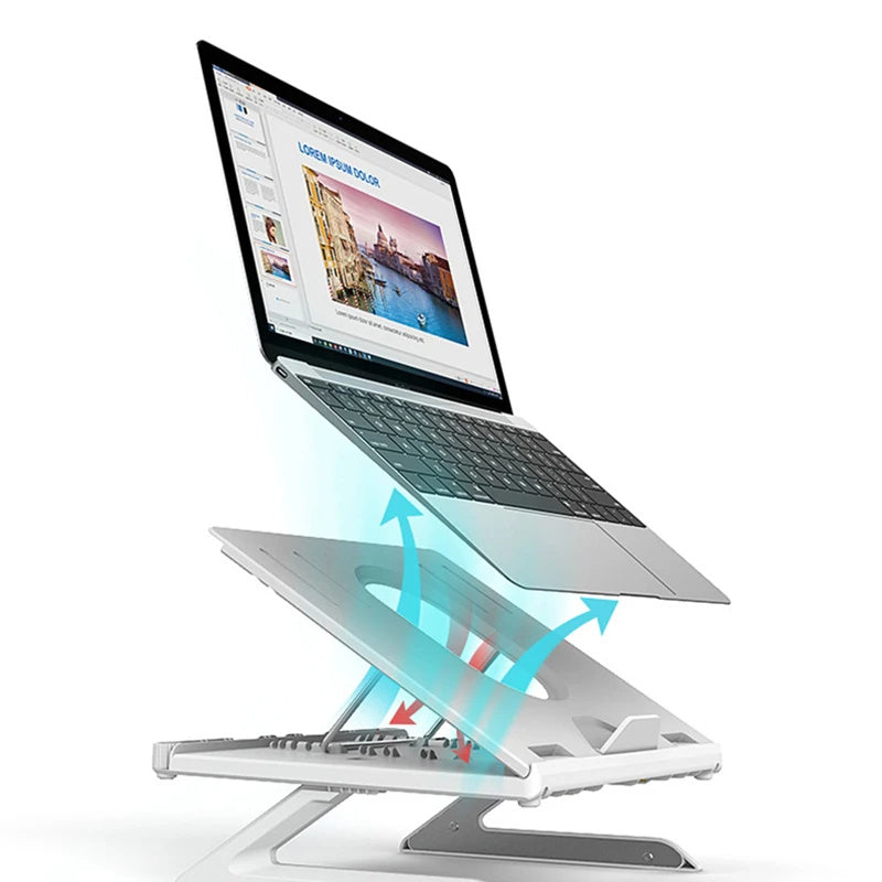 Sheluxe portable laptop stand adjustable in silver holding a laptop with airflow arrows