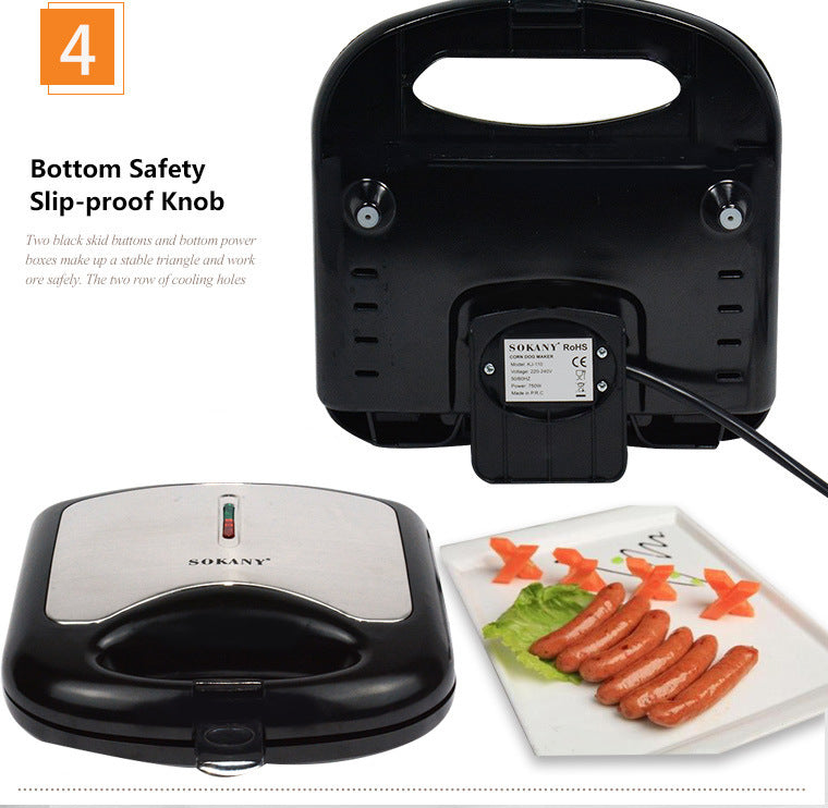 Nutritea sausage frying kitchen gadget black and stainless steel with safety slip-proof knob and cooked sausages on plate