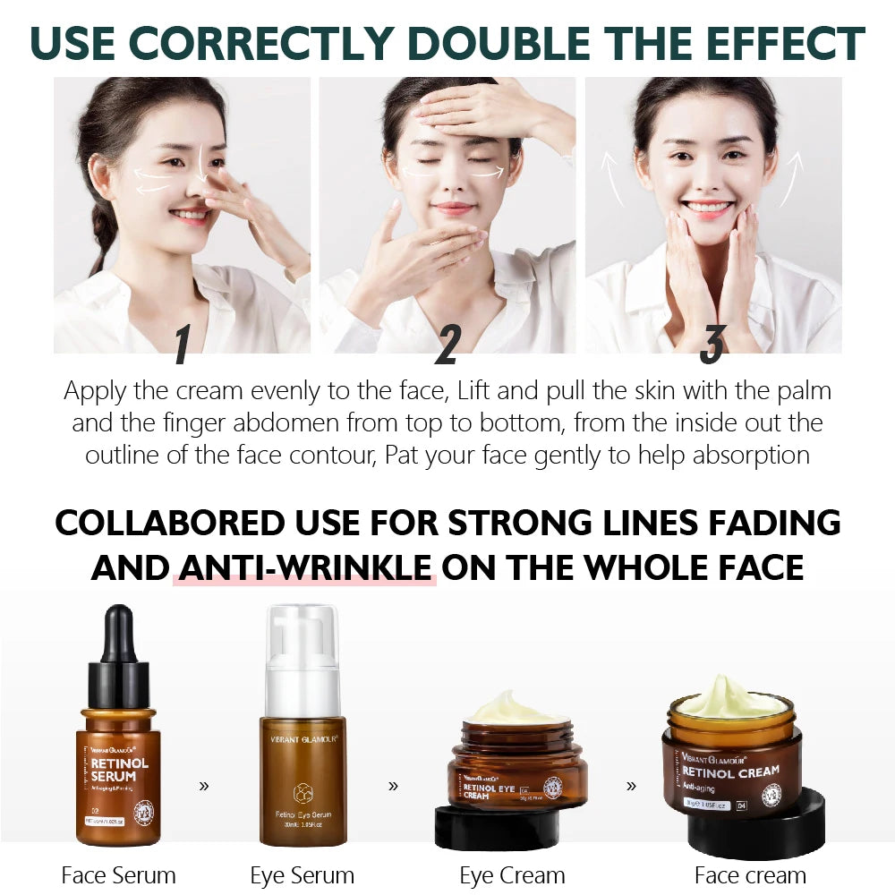 Sheluxe Vibrant Glamour facial care duo including face serum, eye serum, eye cream, and face cream with application steps