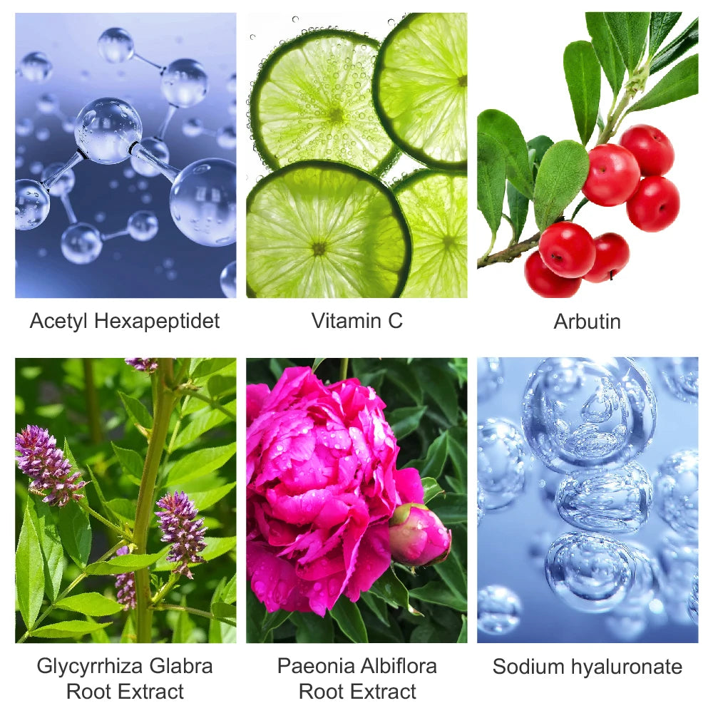 Vibrant Glamour facial care duo key ingredients including Acetyl Hexapeptidet Vitamin C Arbutin and botanical root extracts
