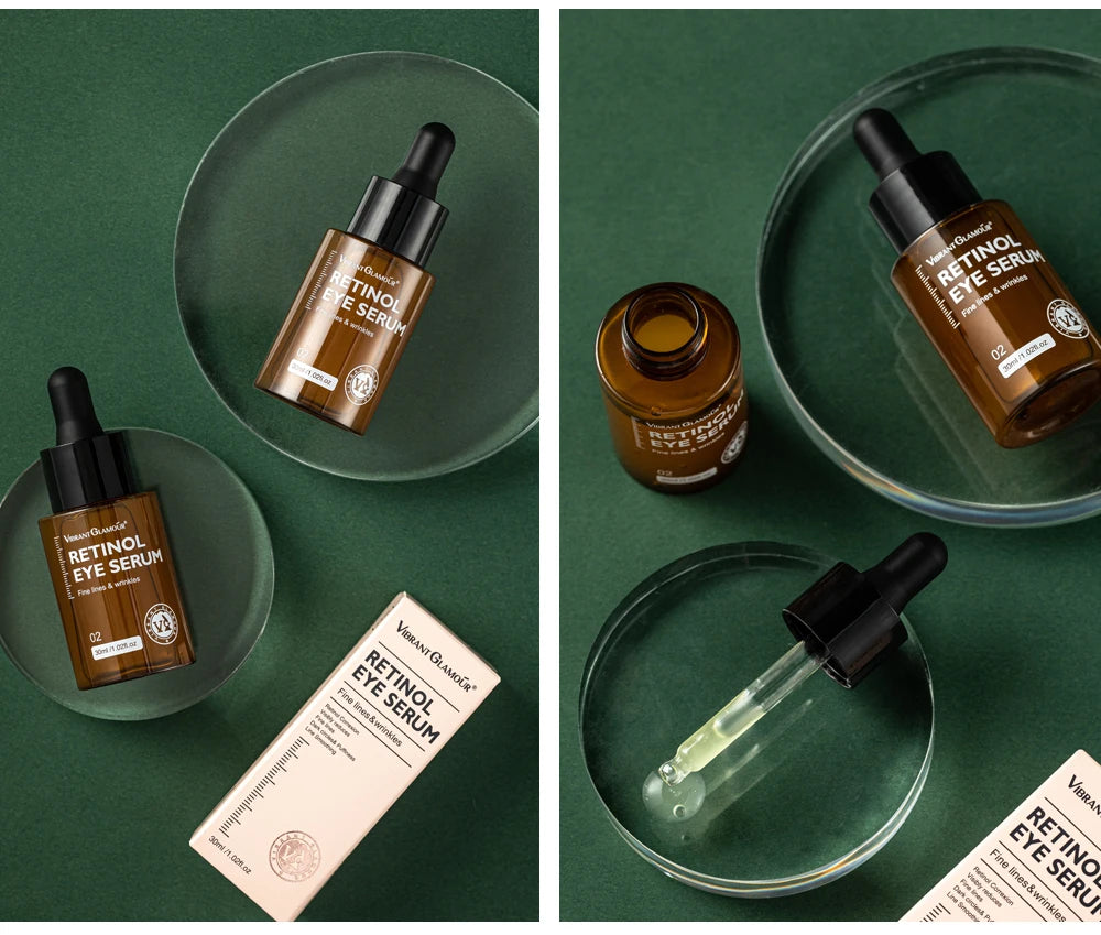 Sheluxe Vibrant Glamour facial care duo featuring Retinol Eye Serum bottles and packaging on green background