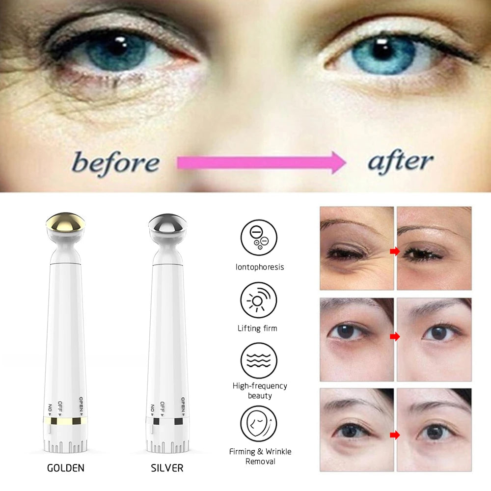 Sheluxe anti ageing eye wrinkle remover device in gold and silver with before and after eye wrinkle reduction results