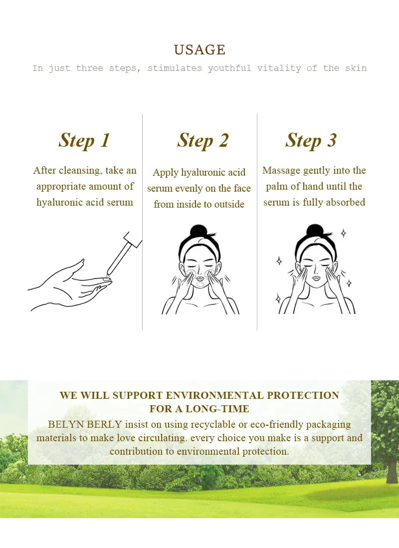 Usage instructions for retinol collagen face serum with three-step facial application guide and eco-friendly packaging support