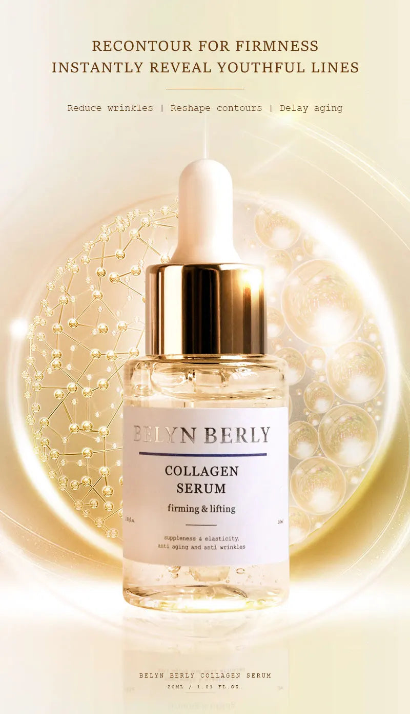 Sheluxe retinol collagen face serum in a clear bottle with a gold dropper for firming and lifting