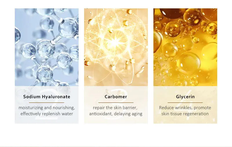 Close-up visuals of key ingredients in Sheluxe retinol collagen face serum highlighting Sodium Hyaluronate, Carbomer, and Glycerin benefits