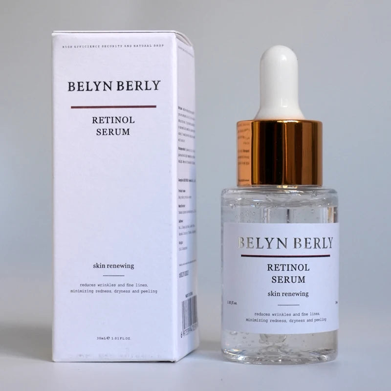 Belyn Berly retinol collagen face serum with skin renewing formula in clear glass dropper bottle and white box