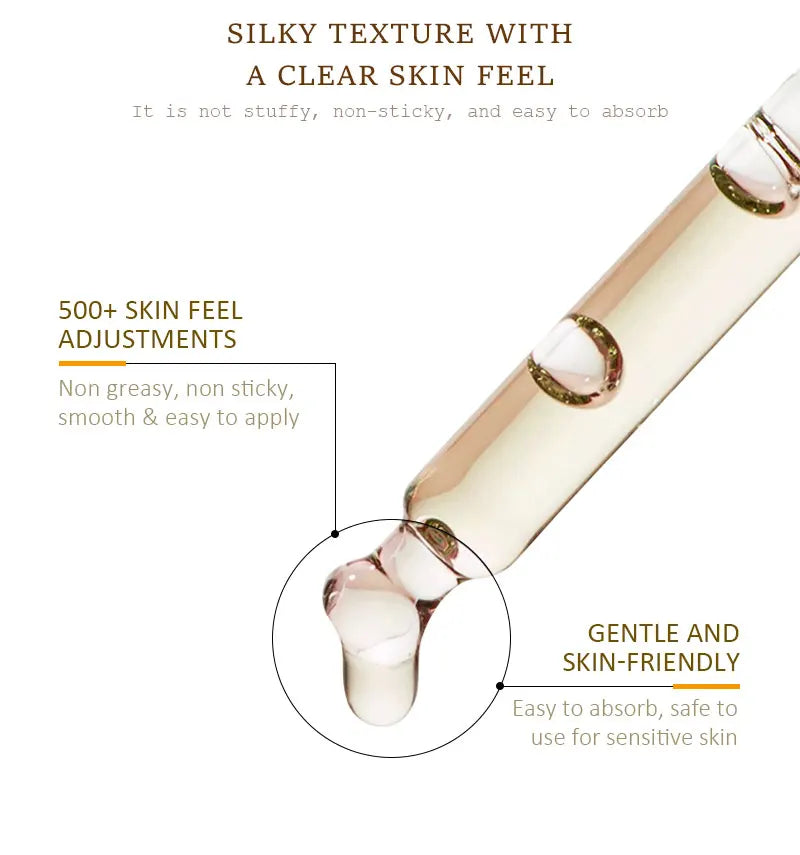 Sheluxe retinol collagen face serum dropper showing silky texture and clear skin feel with non-sticky formula