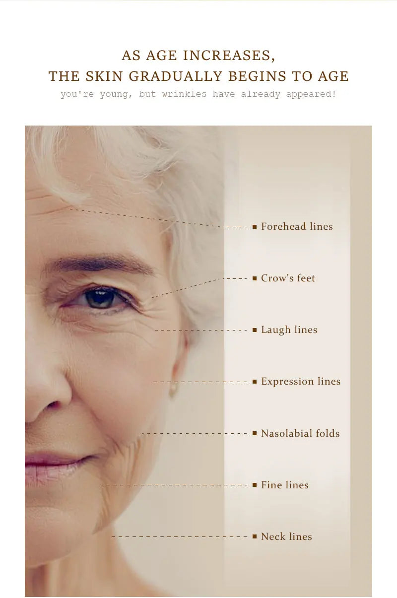 Close-up of older woman’s face showing forehead lines crow’s feet laugh lines and neck lines highlighting signs of aging for retinol collagen face serum