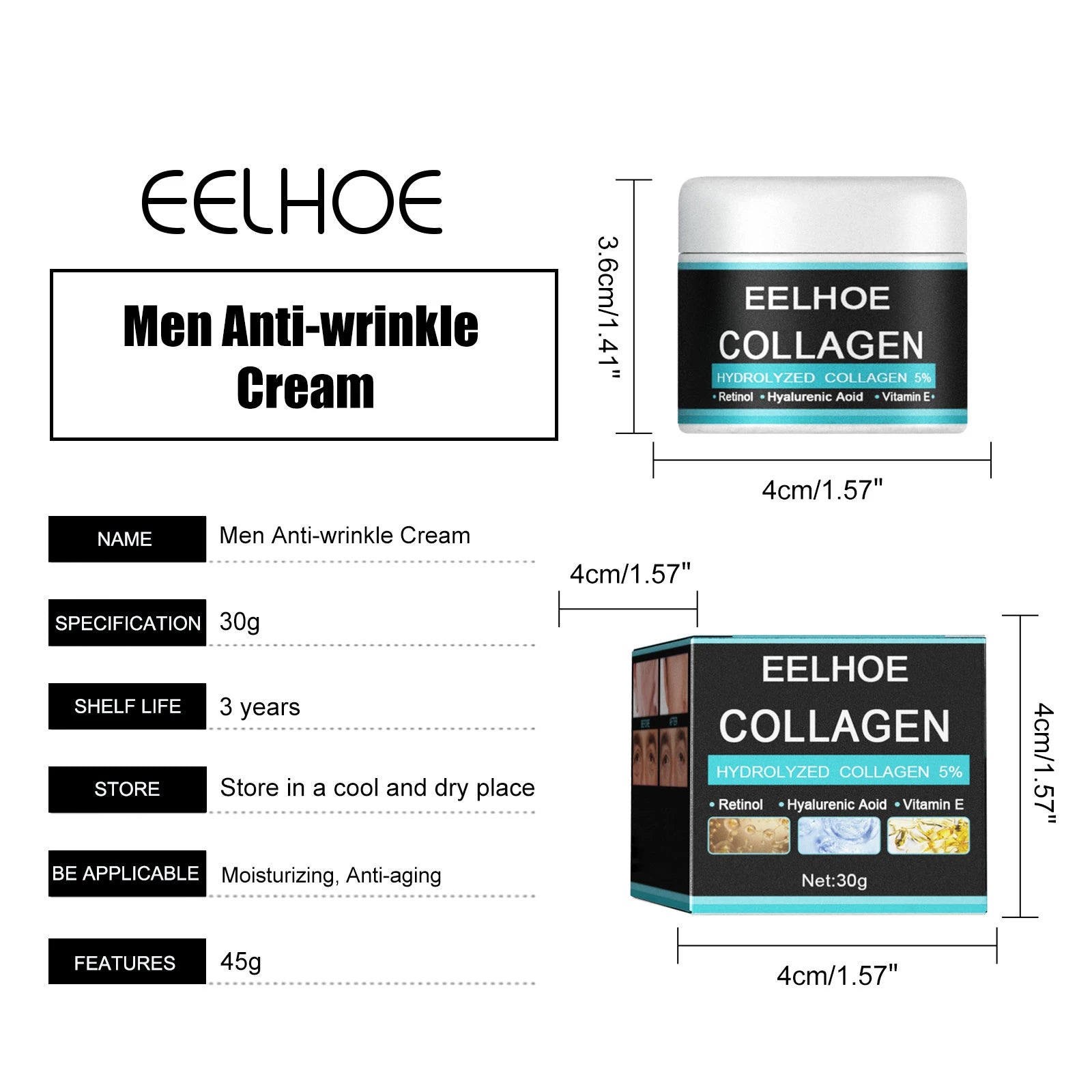 EELHOE collagen cream for men anti-wrinkle moisturizing and anti-aging face cream jar and box with product specifications