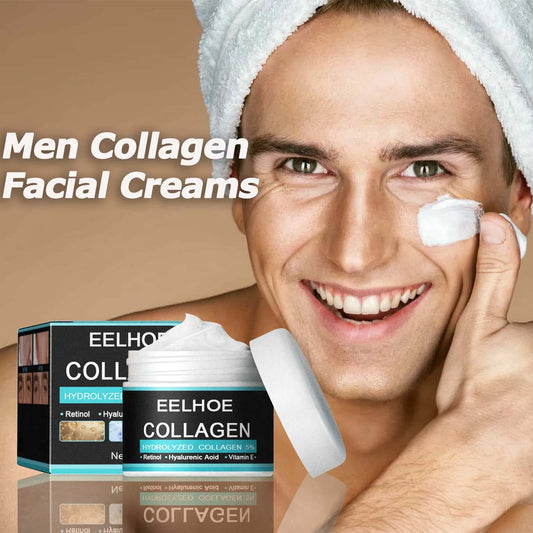 Sheluxe collagen cream for men in jar with man applying cream on face wearing white towel