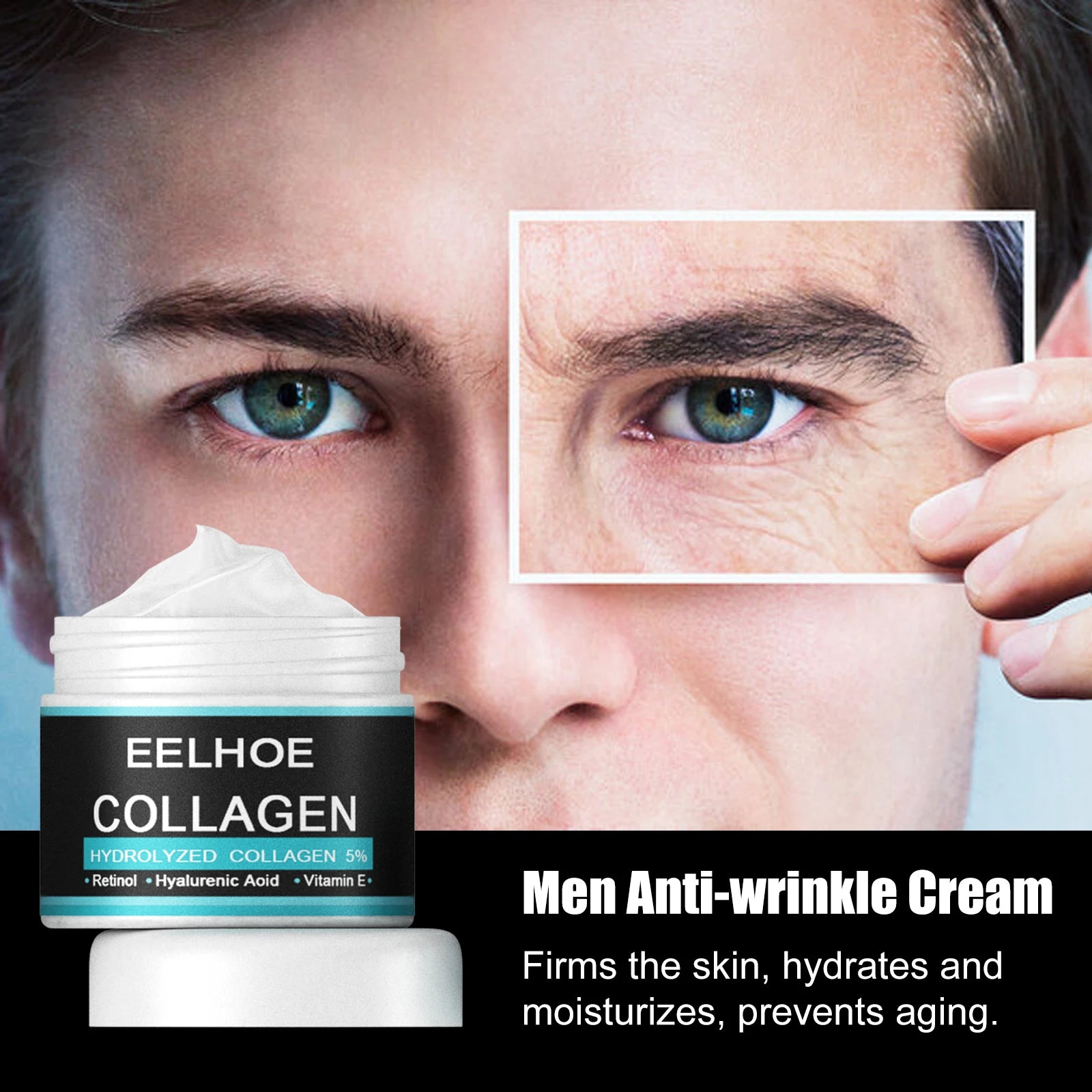 Sheluxe collagen cream for men displayed with close-up of man's face showing before and after anti-wrinkle results