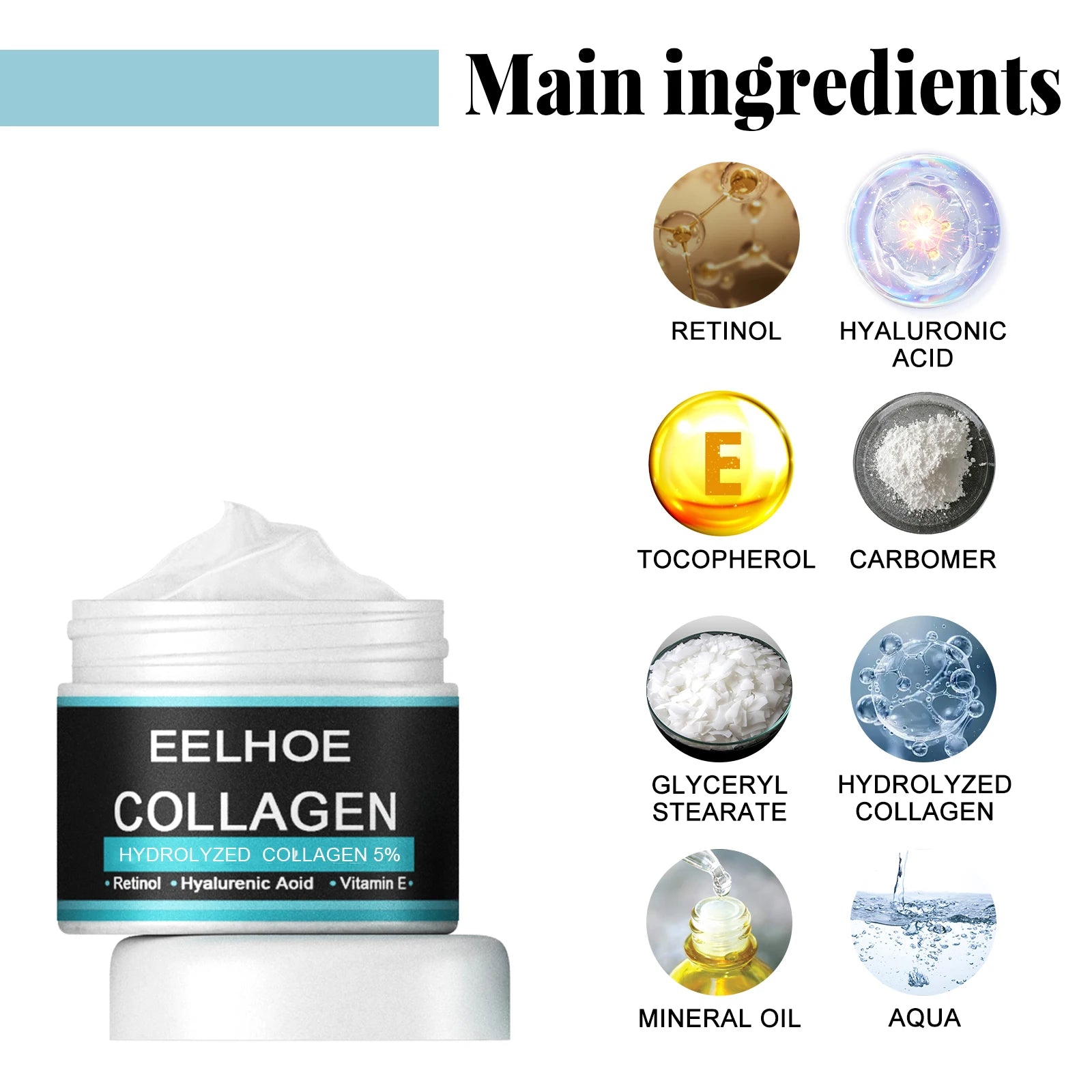 Sheluxe collagen cream for men jar with main ingredients including retinol hyaluronic acid and vitamin E