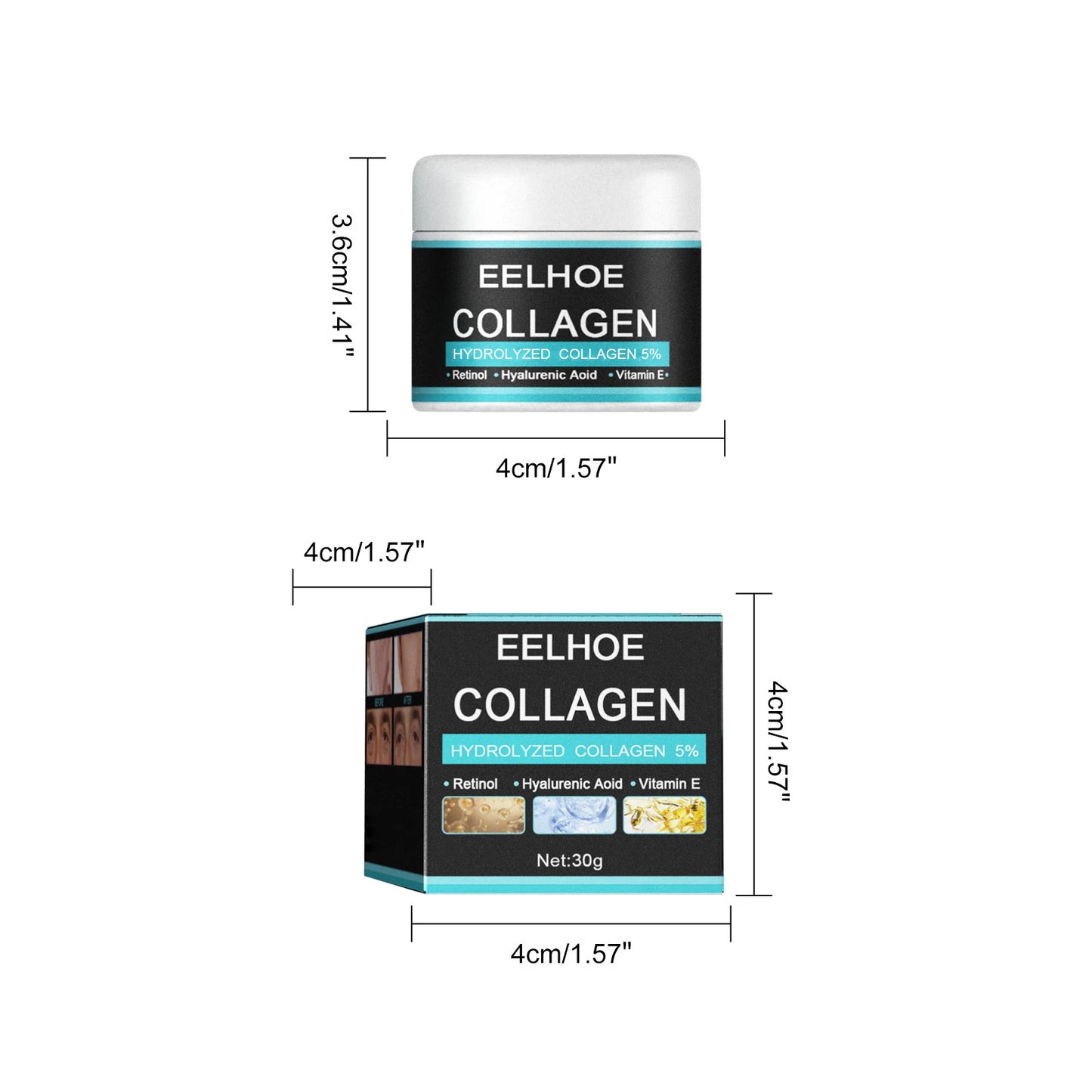 Sheluxe collagen cream for men EELHOE container and box with hydrolyzed collagen and vitamins