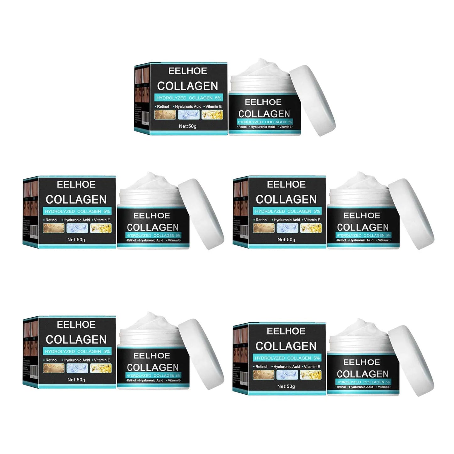 EELHOE collagen cream for men jars and boxes showing white cream texture and product packaging