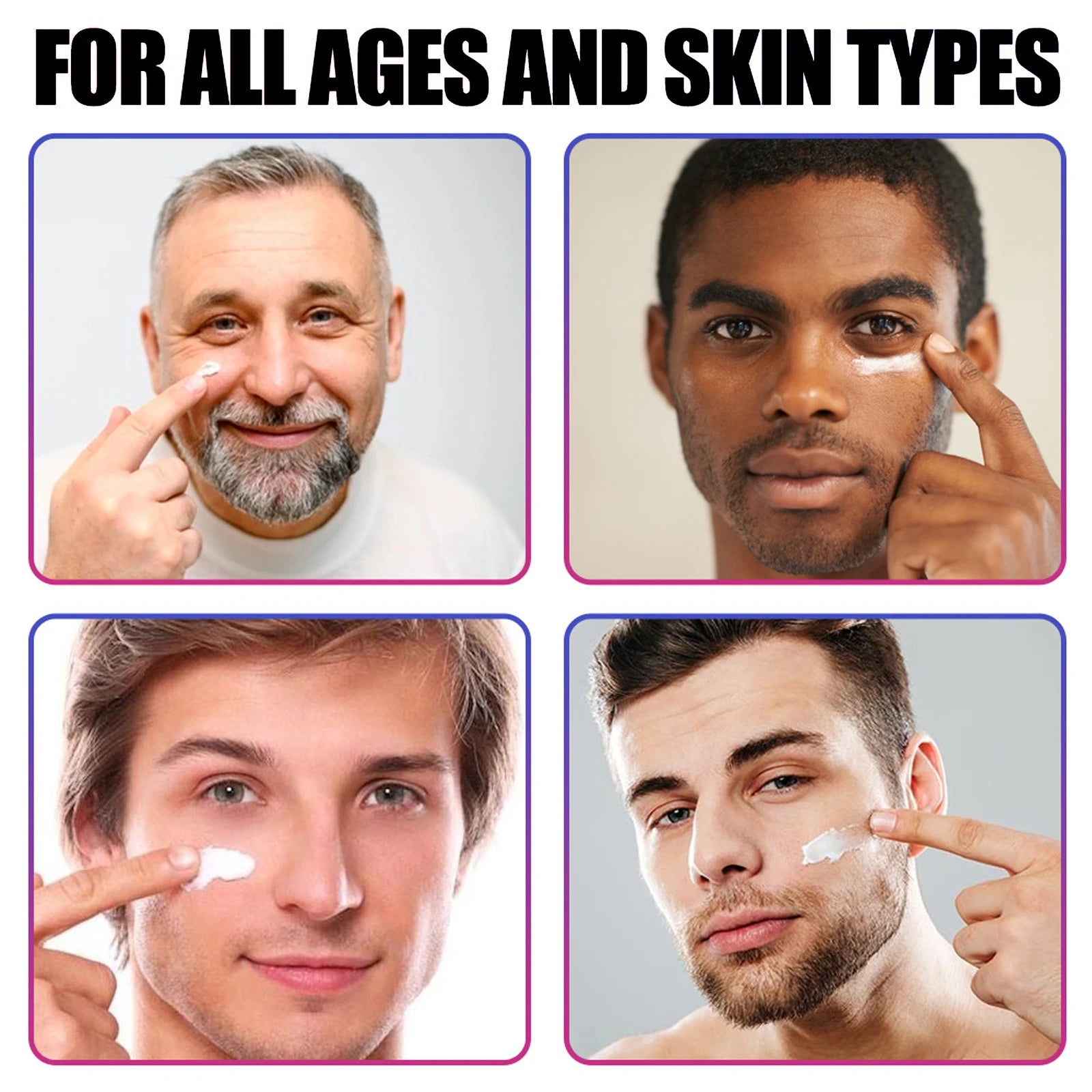 Collage of diverse men of different ages applying collagen cream for men on their faces