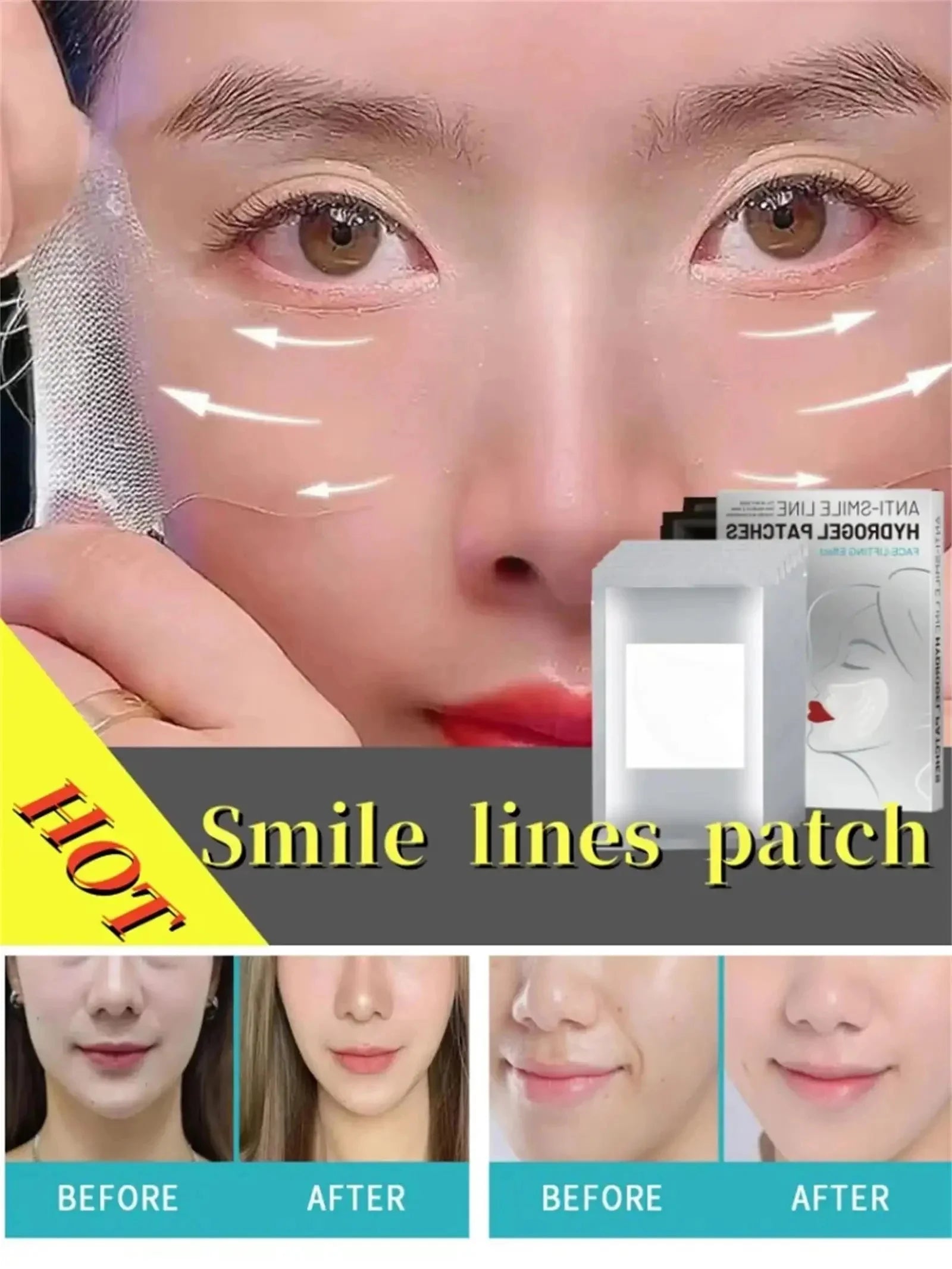 Sheluxe deep nourishing facial wrinkle patches shown on under eye area with before and after results