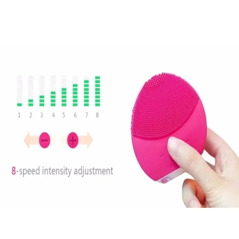 Sheluxe pink silicone facial cleansing brush for sensitive skin with 8-speed intensity adjustment held in hand