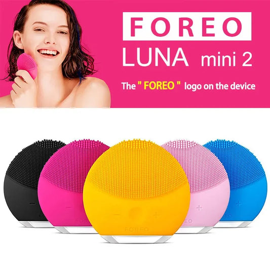 Colorful Foreo Luna mini 2 silicone facial cleansing brush for sensitive skin in five vibrant colors