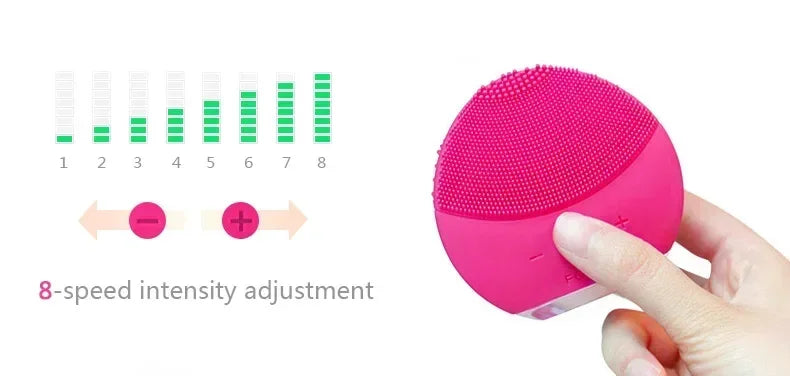 Sheluxe silicone facial cleansing brush for sensitive skin with 8-speed intensity adjustment in pink
