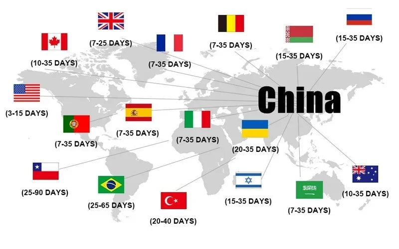 World map showing shipping times from China to various countries for silicone facial cleansing brush for sensitive skin