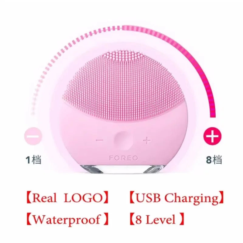 Sheluxe pink silicone facial cleansing brush for sensitive skin with USB charging and waterproof design