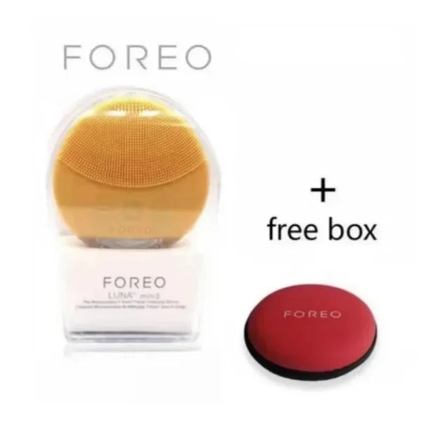 Foreo silicone facial cleansing brush for sensitive skin in yellow with free red protective box